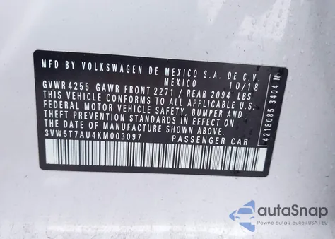 2019 Volkswagen Golf Gti 2.0T Autobahn/2.0T Rabbit Edition/2.0T S/2.0T Se z USA, uszkodzony, nr VIN 3VW5T7AU4KM003097